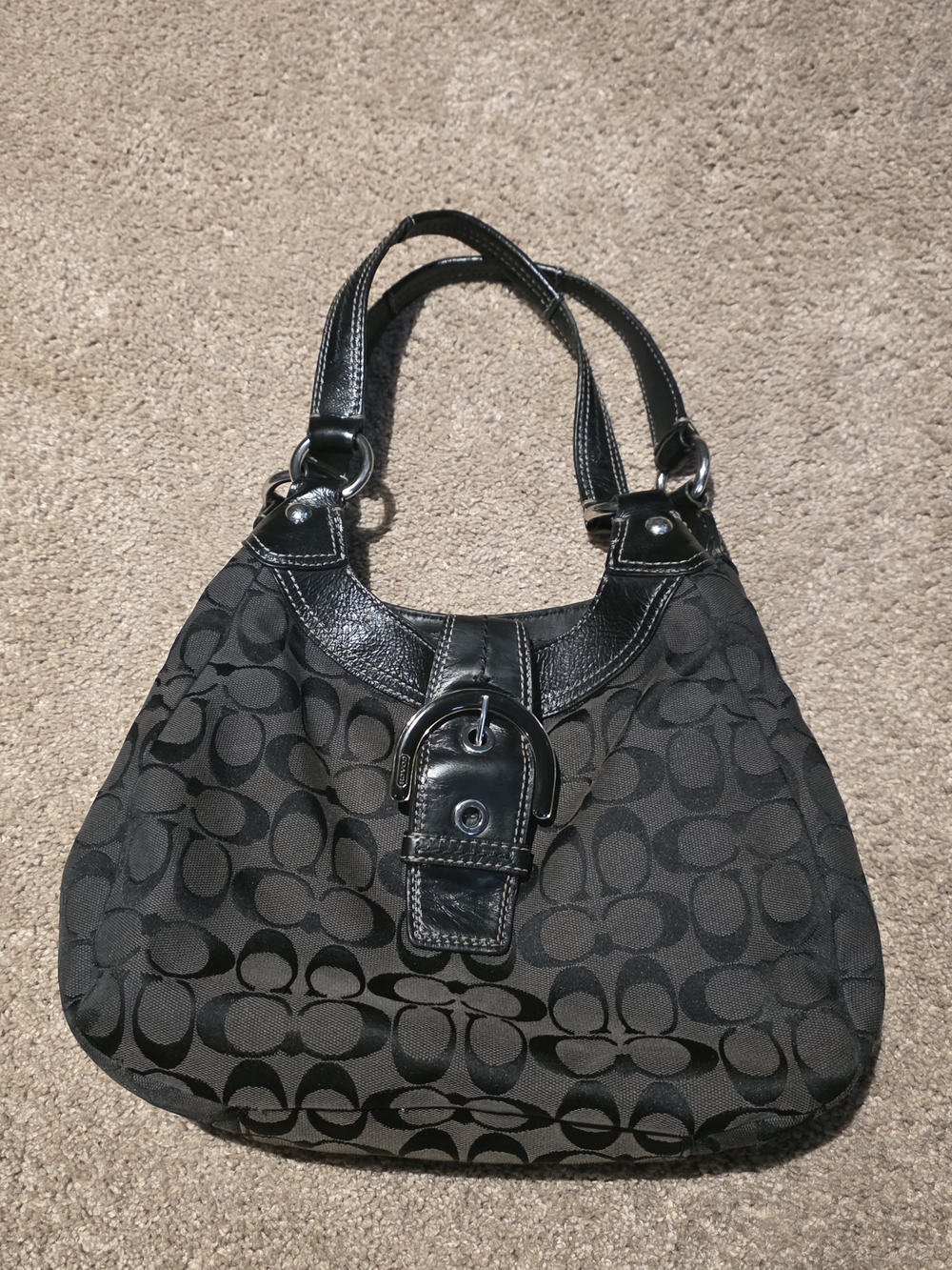 Coach Black Signature Canvas Shoulder Bag with Leather Trim